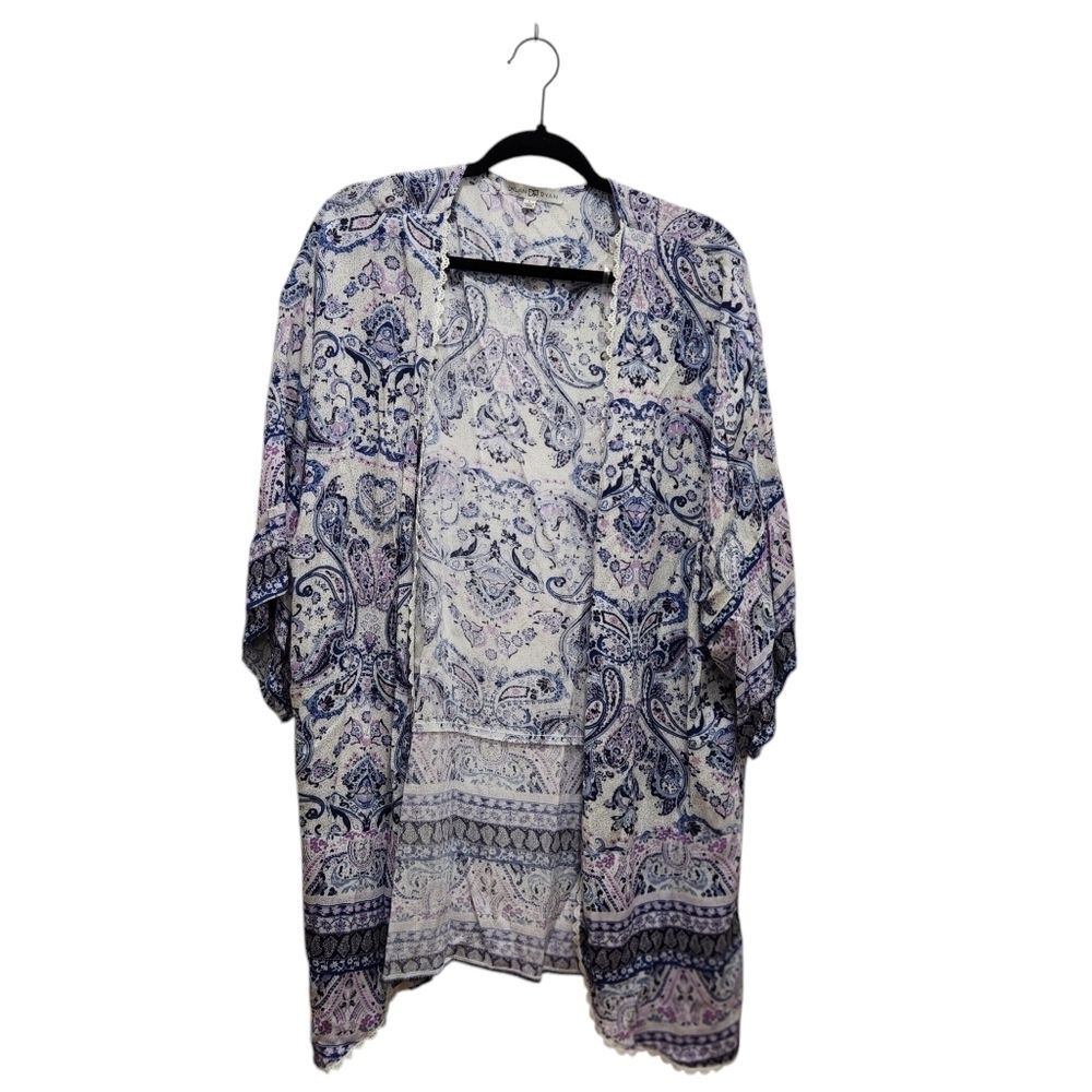 Dylan Ryan Large Paisley Floral Kimono Cardigan Blue Boho Rayon Crochet Trim